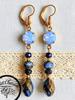 Victorian Swarovski Crystal Blue Opal & Gold Etched In Gold Plated Drop Earrings